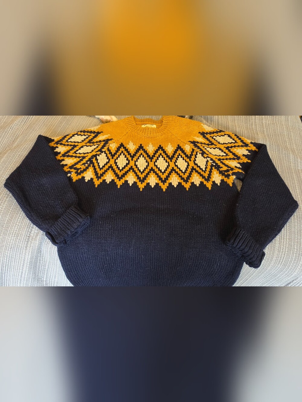 Fat Face Navy and Mustard Geometric Yoke Crewneck Sweater